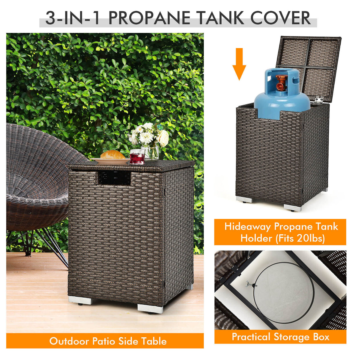 32 x 20 Inch Propane Rattan Fire Pit Table Set with Side Tank and