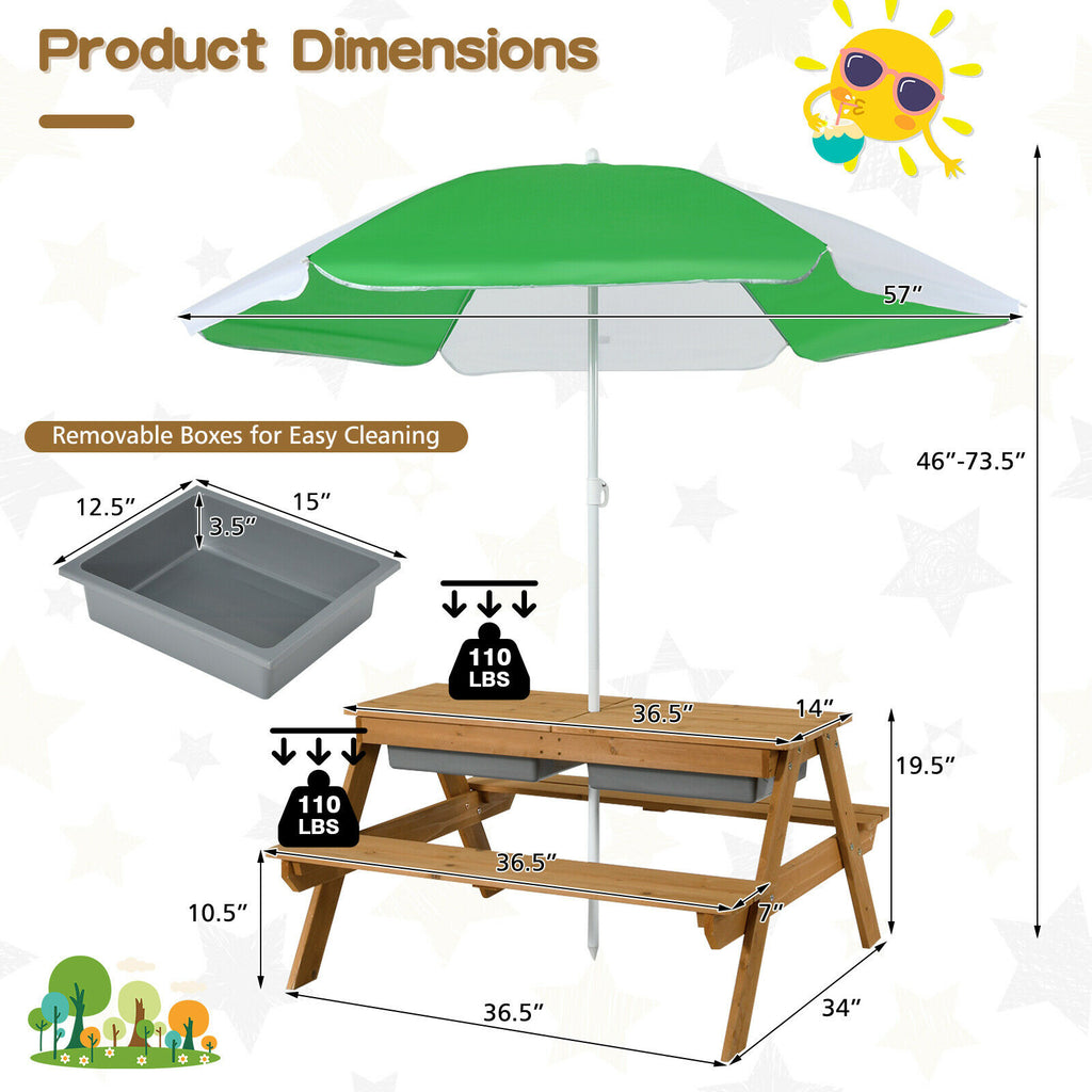 Kids 3-in-1 Outdoor Water and Sand Play Table with Removable Umbrella and Storage - Green