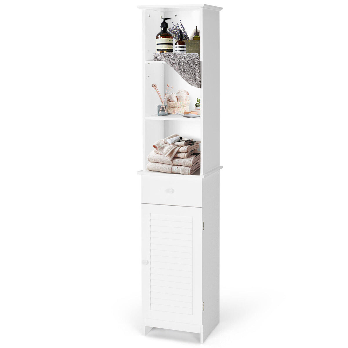 Bathroom Tall Freestanding Storage Cabinet with Open Shelves and
