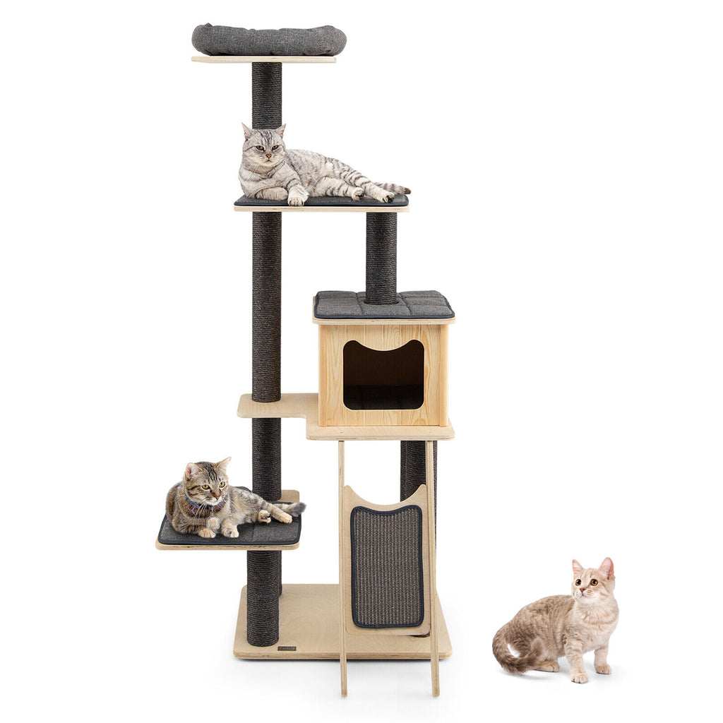 5-Tier Modern Wooden Cat Tower with Washable Cushions - Gray, 5-Layer
