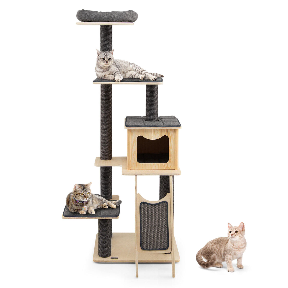 5-Tier Modern Wooden Cat Tower with Washable Cushions - Gray, 5-Layer