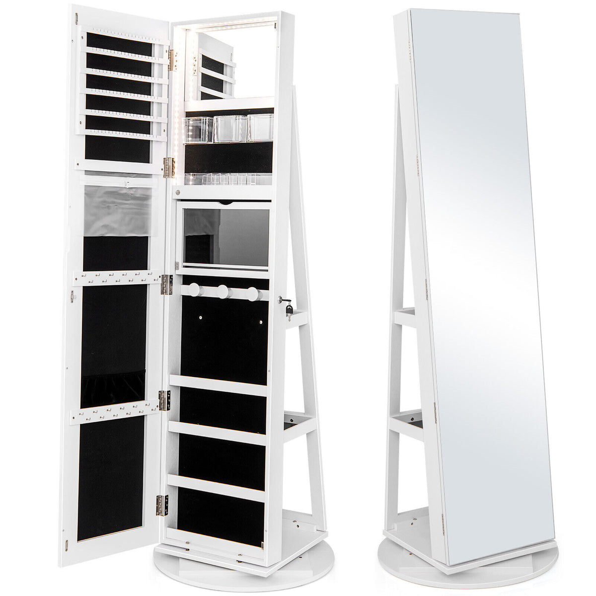 360° Rotating Jewelry Cabinet with Mirror - Dark Brown, 3 Shelves