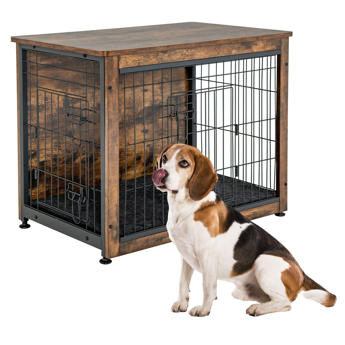 Wooden Dog Crate Furniture with Double Door & Tray - Brown