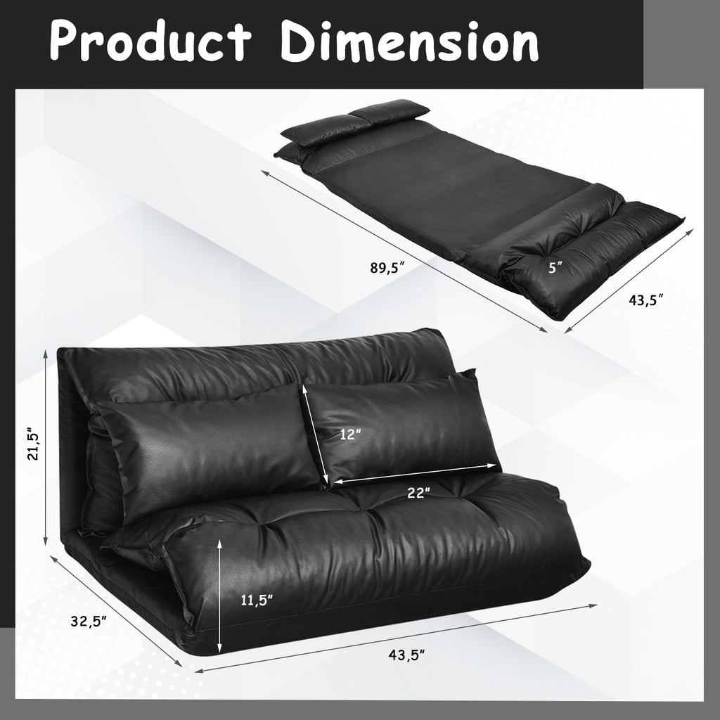 Foldable PU Leather Floor Sofa Bed with Pillows - Black
