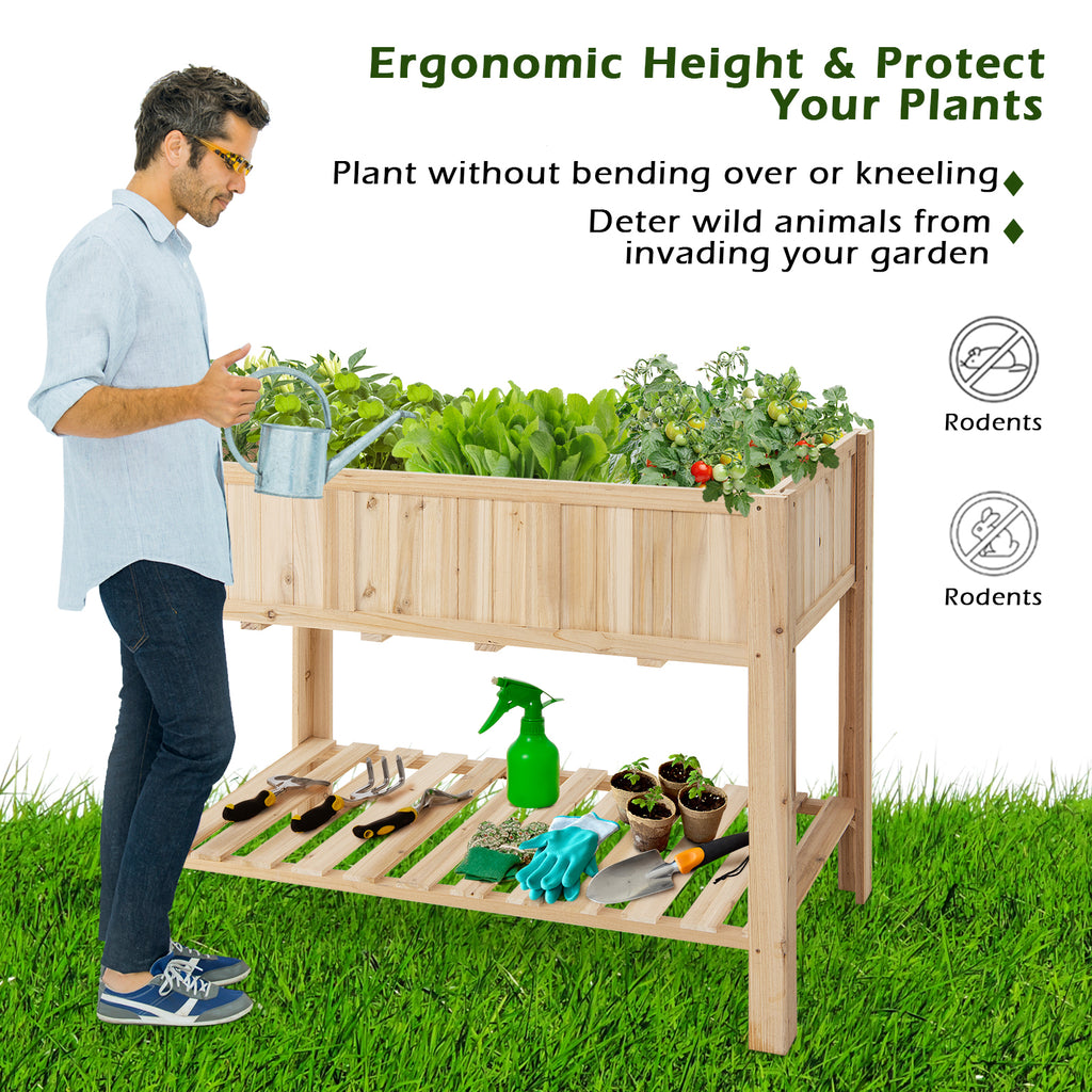 47 Inch Wooden Raised Garden Bed with Bottom Shelf and Liner