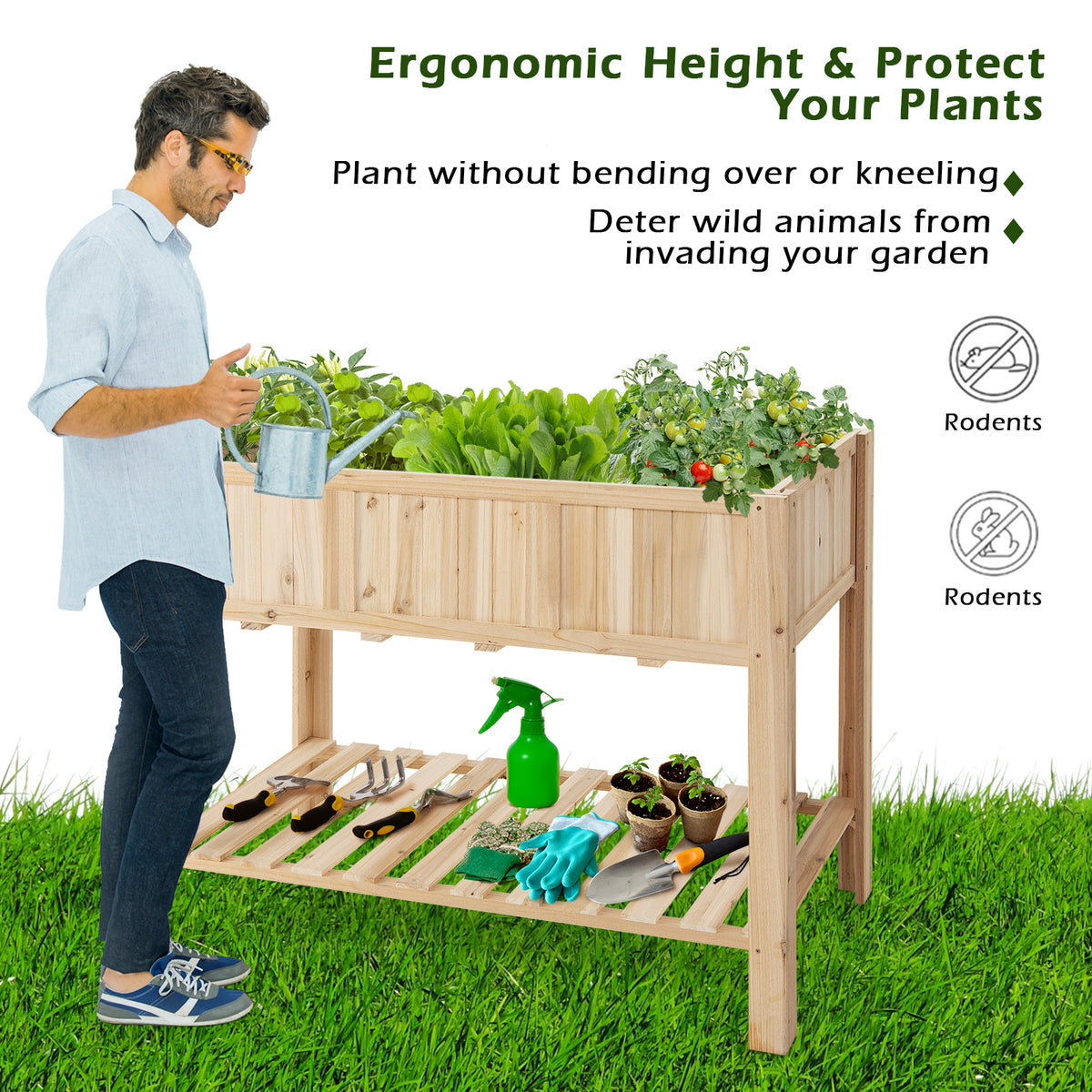 47 Inch Wooden Raised Garden Bed with Bottom Shelf and Liner