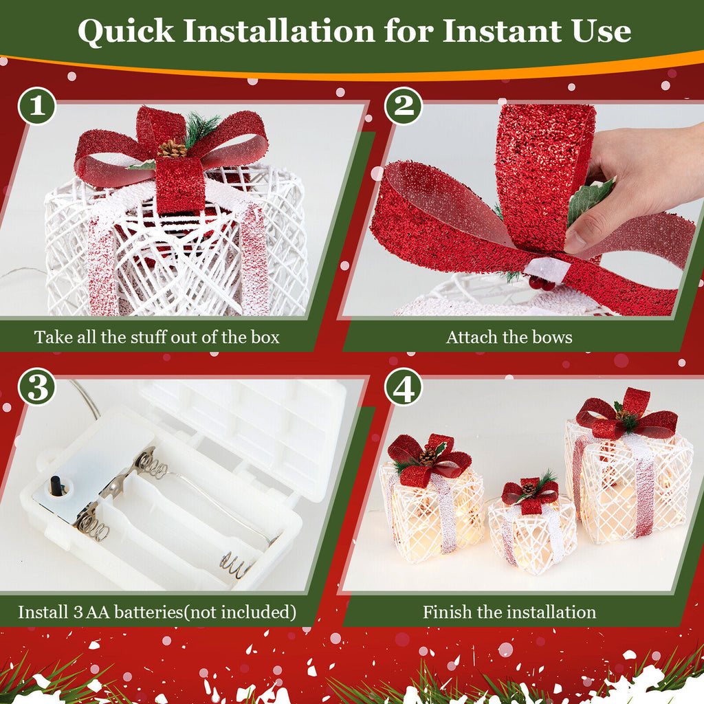 Set of 3 Lighted Christmas Gift Boxes Decorations with Red Bows - Indoor Outdoor Holiday Decor