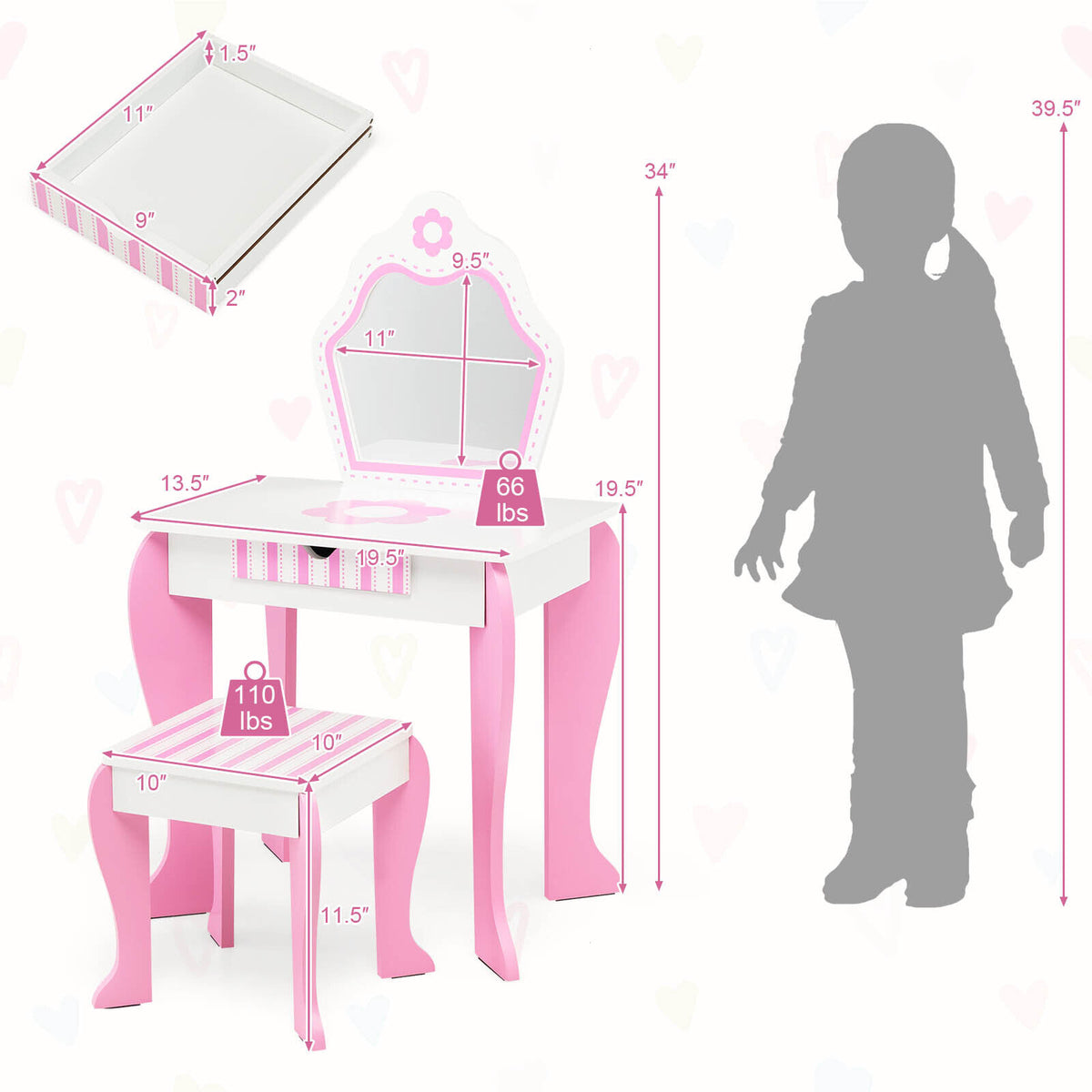 White 2-in-1 Toddler Vanity Set with Detachable Mirror and Flower Pattern