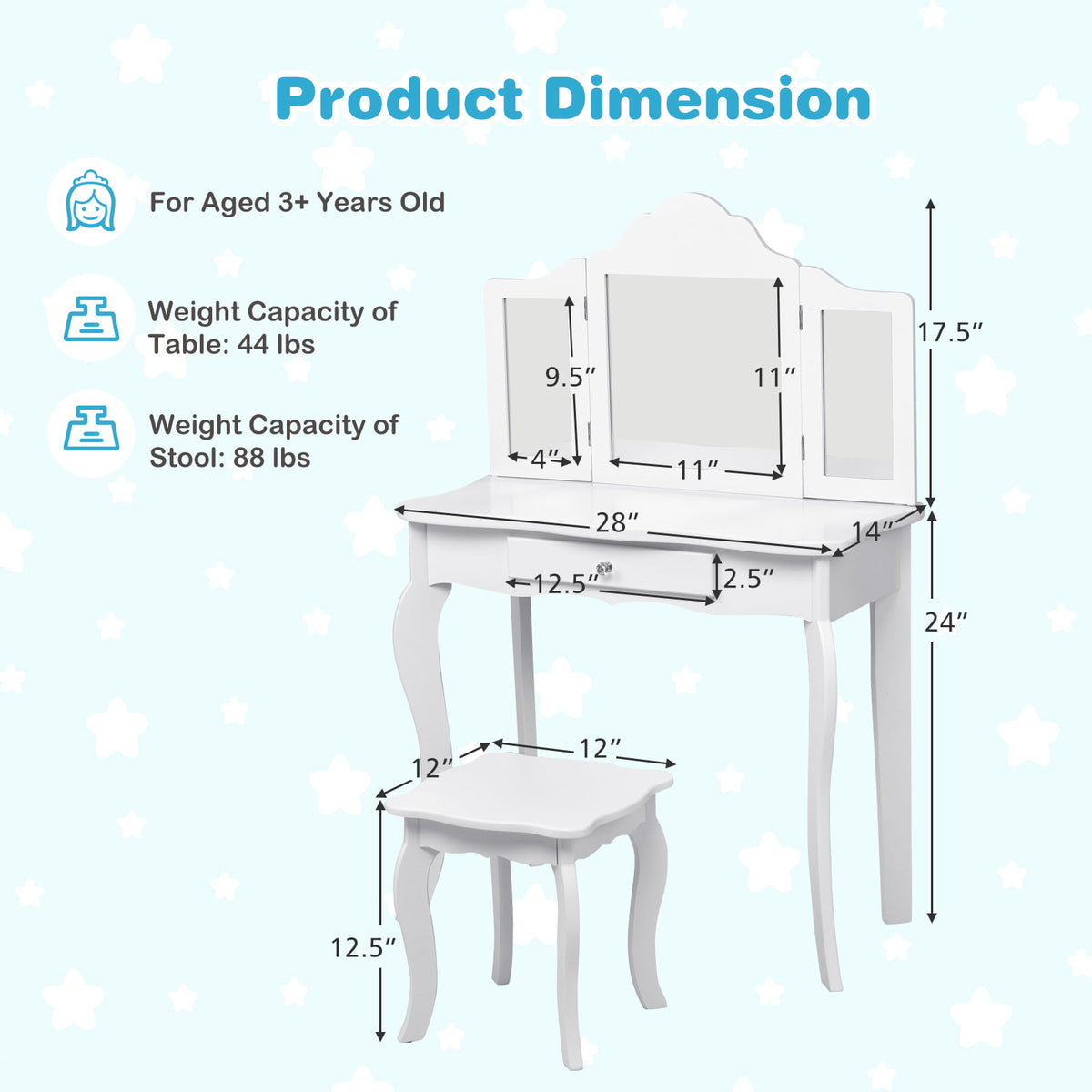 Kids Dressing Vanity Set with Detachable Mirror and Stool - White, No Lights