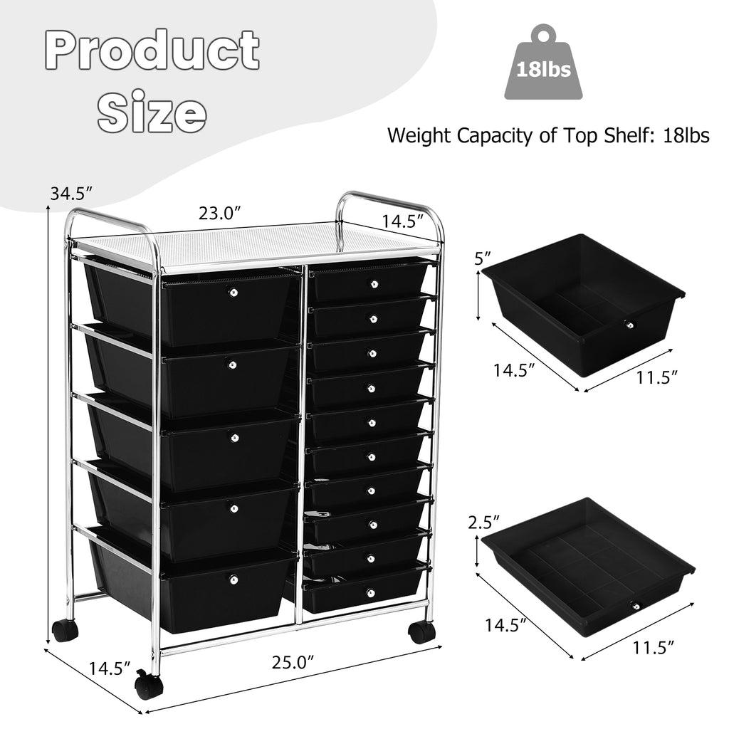 15-Drawer Utility Rolling Cart, Black