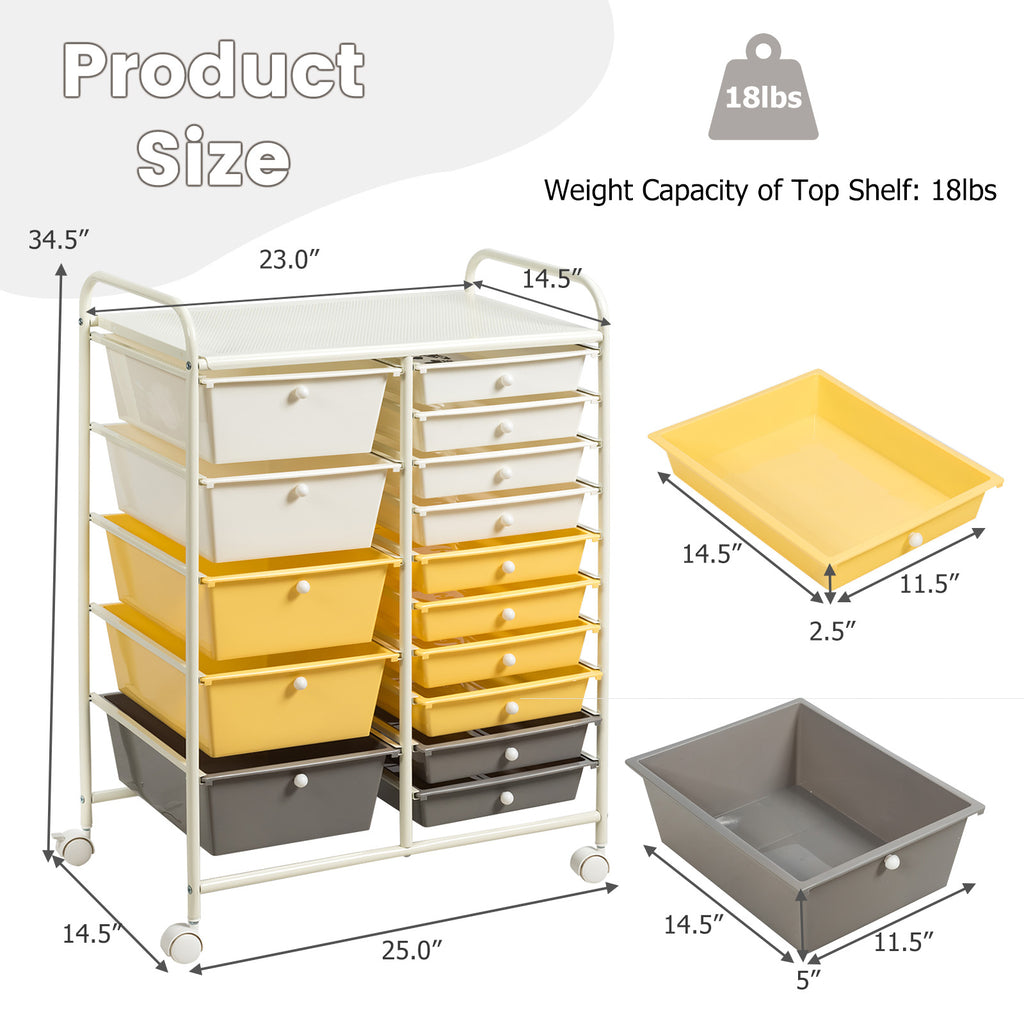 15-Drawer Rolling Utility Cart with Wheels - Yellow