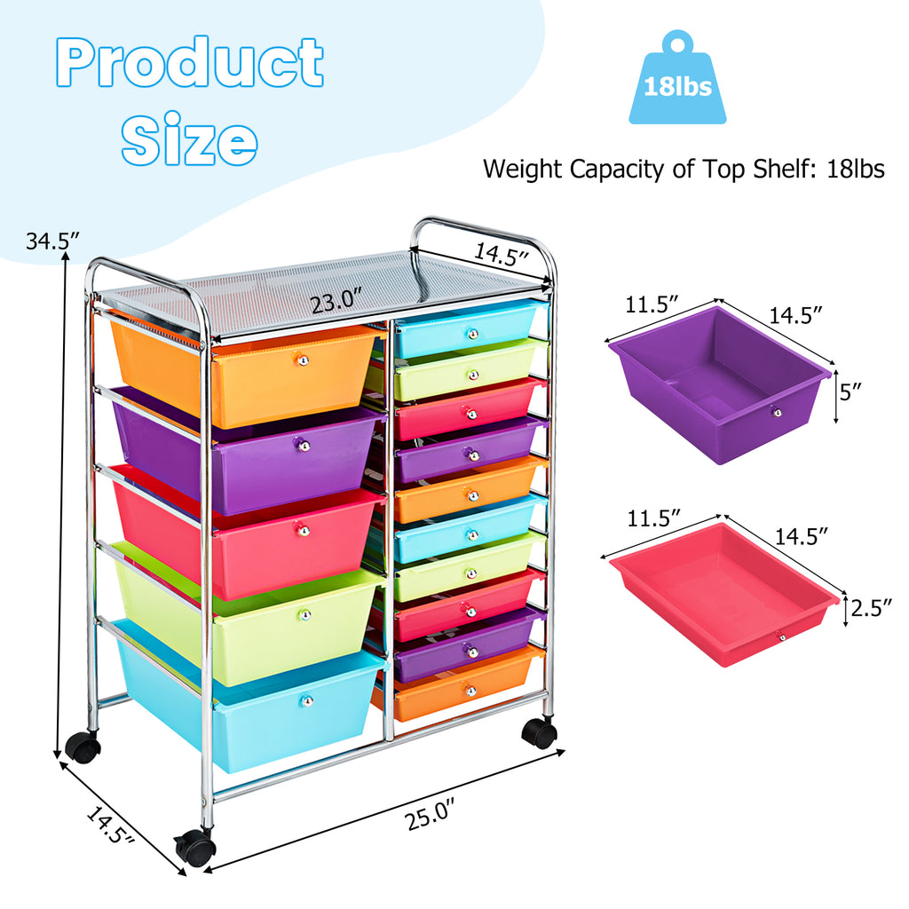 15-Drawer Utility Rolling Cart, Multicolor