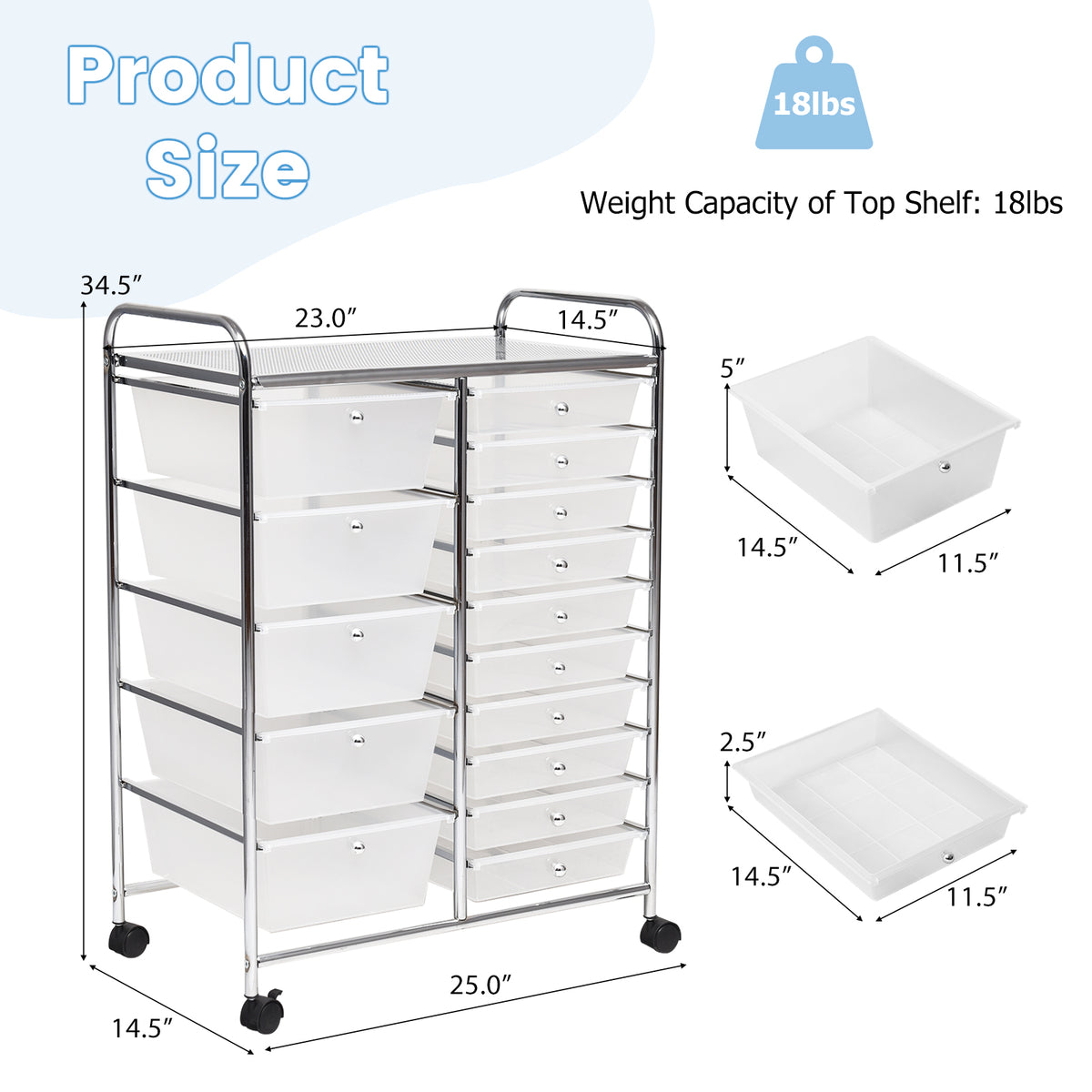 15-Drawer Rolling Utility Cart Storage, Transparent
