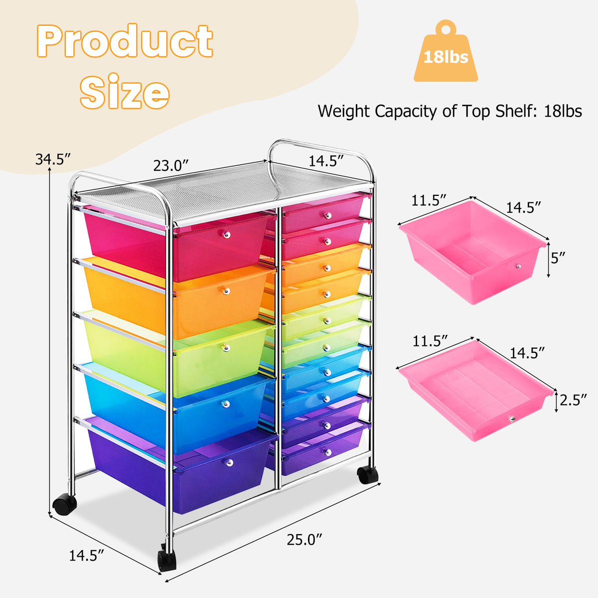 15-Drawer Rolling Utility Cart, Transparent Multicolor