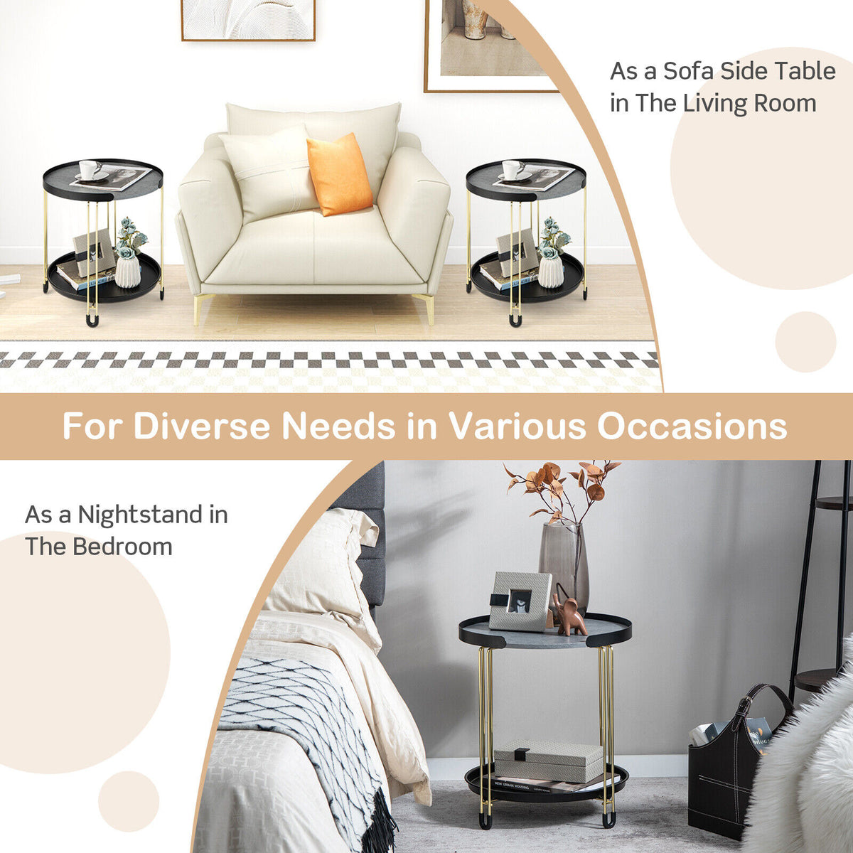 2-Tier Round Side Table with Removable Tray - Golden