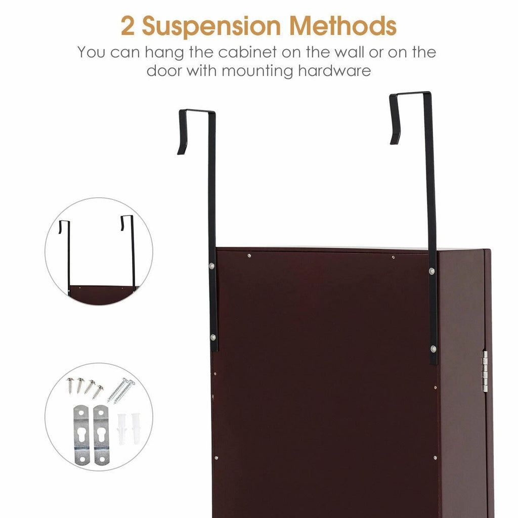 Wall-Mounted Jewelry Cabinet with Mirror & Storage Shelves - Dark Brown