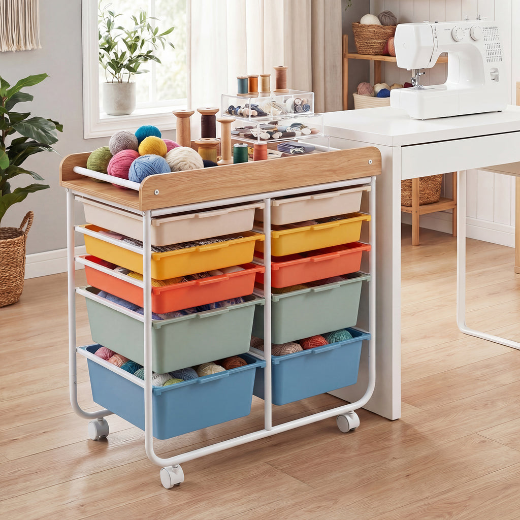 10-Drawer Rolling Cart with Wooden Tabletop and Lockable Wheels for