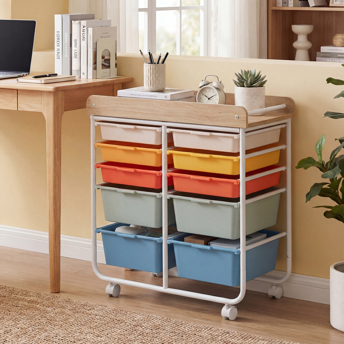 10-Drawer Rolling Cart with Wooden Tabletop and Lockable Wheels for