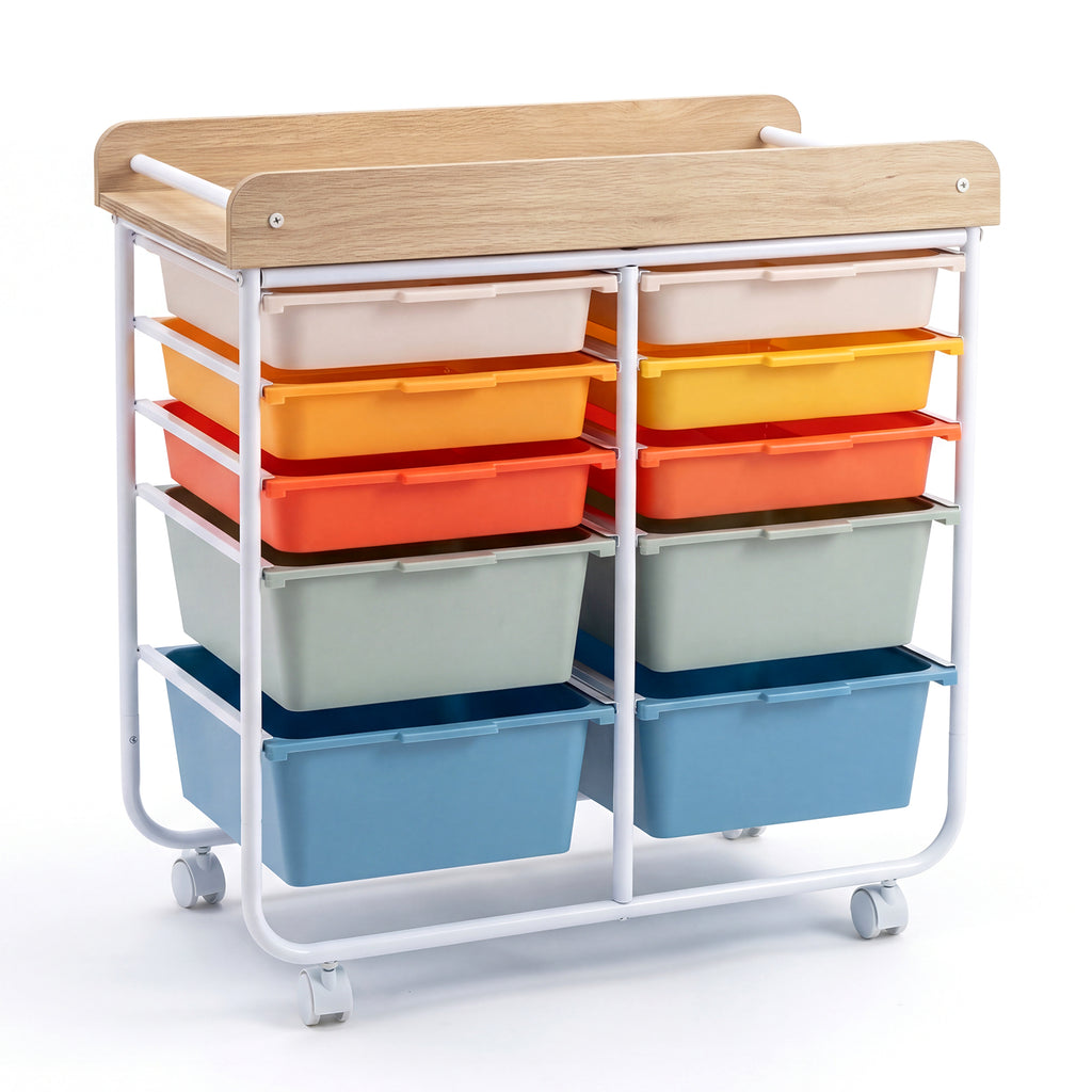 10-Drawer Rolling Cart with Wooden Tabletop and Lockable Wheels for