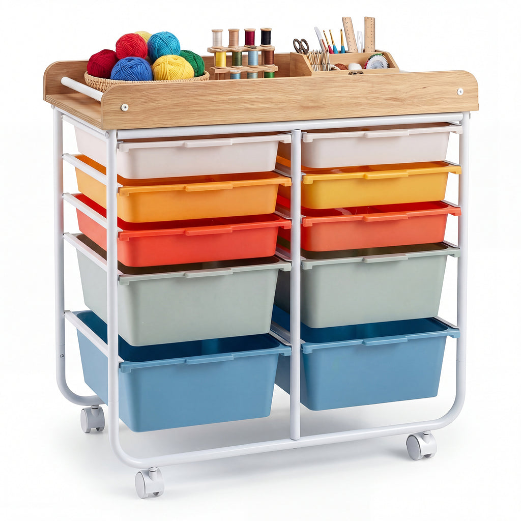 10-Drawer Rolling Cart with Wooden Tabletop and Lockable Wheels for