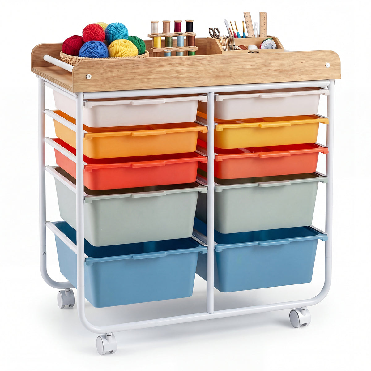 10-Drawer Rolling Cart with Wooden Tabletop and Lockable Wheels for
