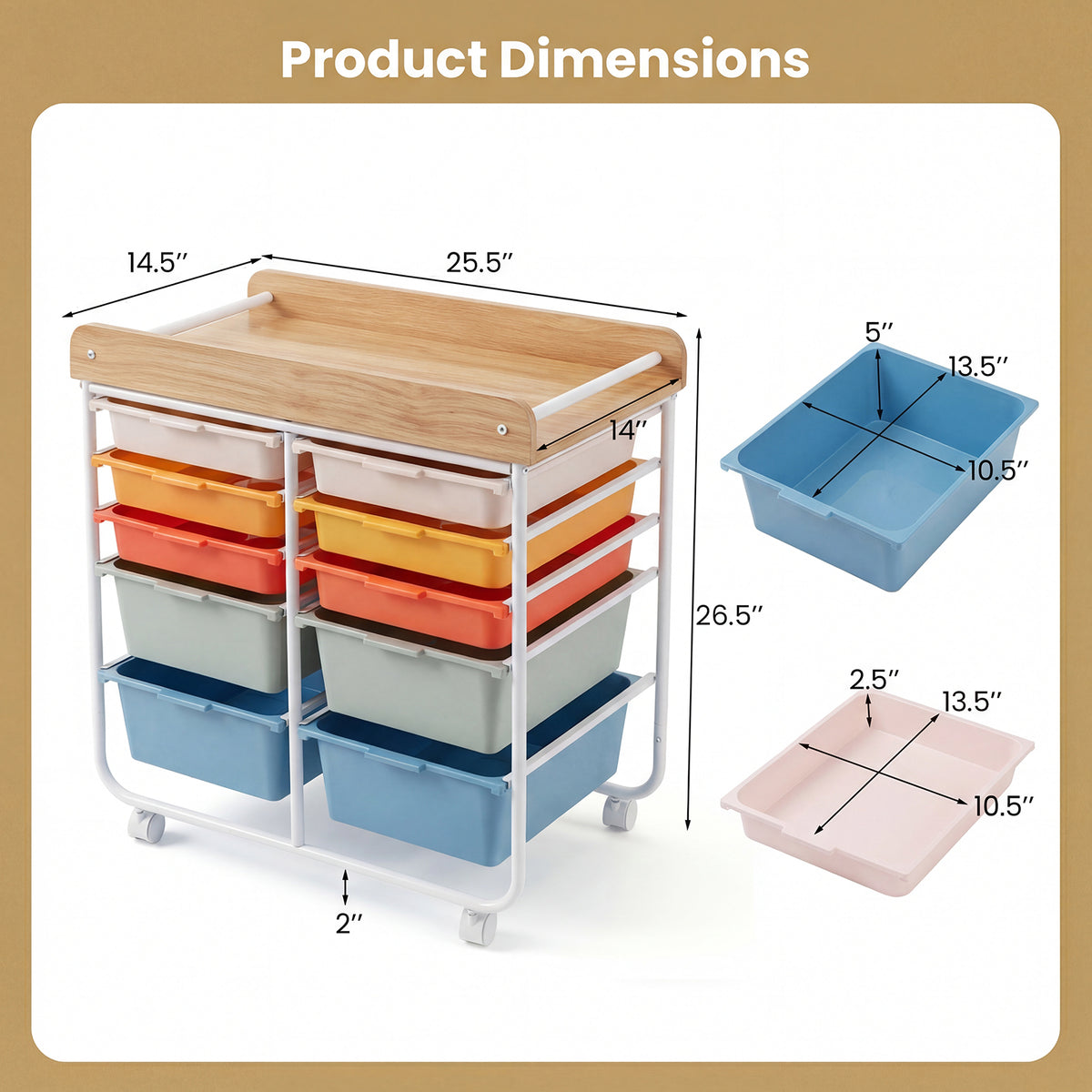 10-Drawer Rolling Cart with Wooden Tabletop and Lockable Wheels for