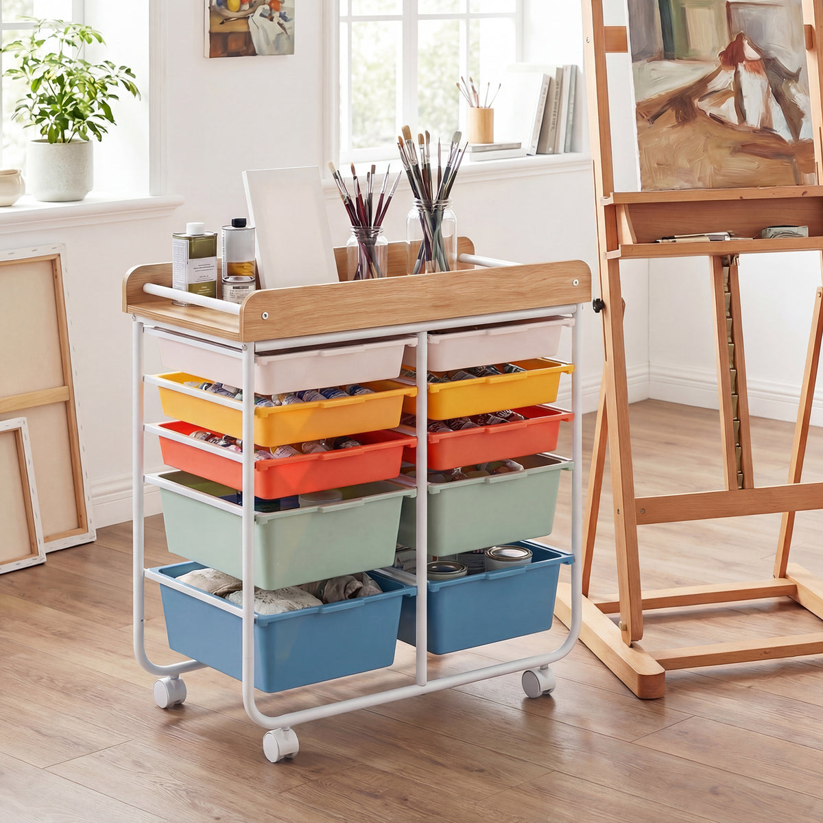 10-Drawer Rolling Cart with Wooden Tabletop and Lockable Wheels for