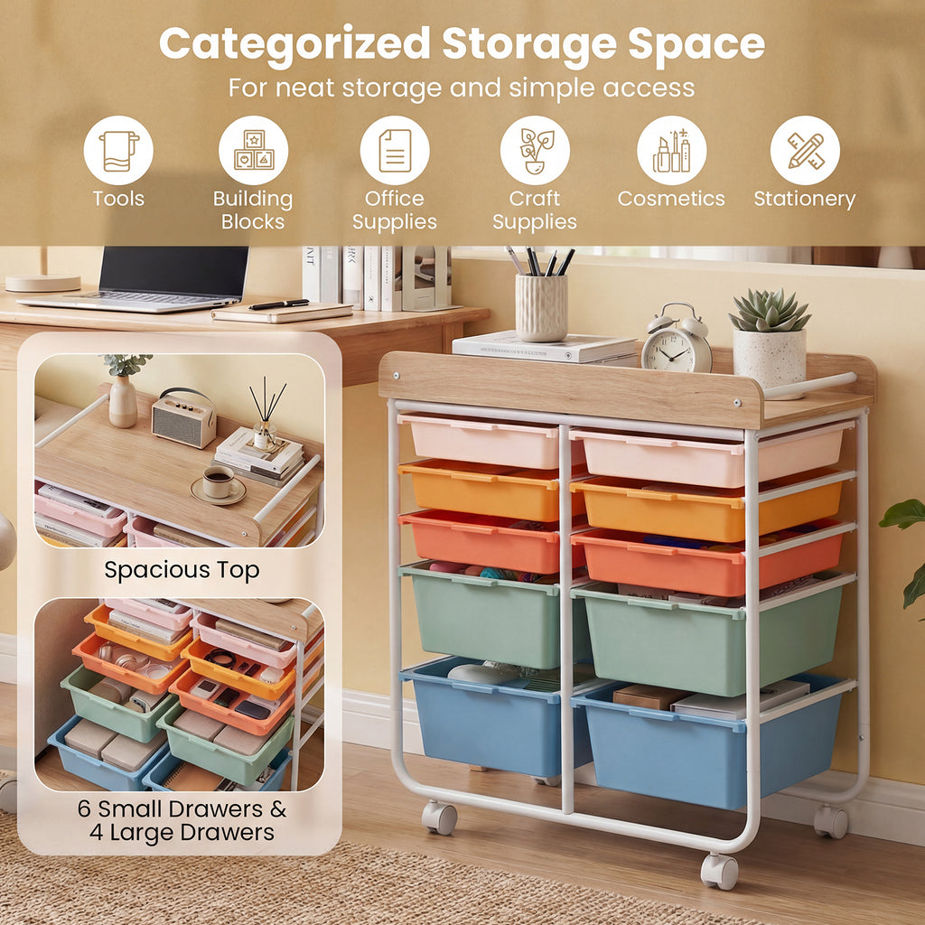 10-Drawer Rolling Cart with Wooden Tabletop and Lockable Wheels for