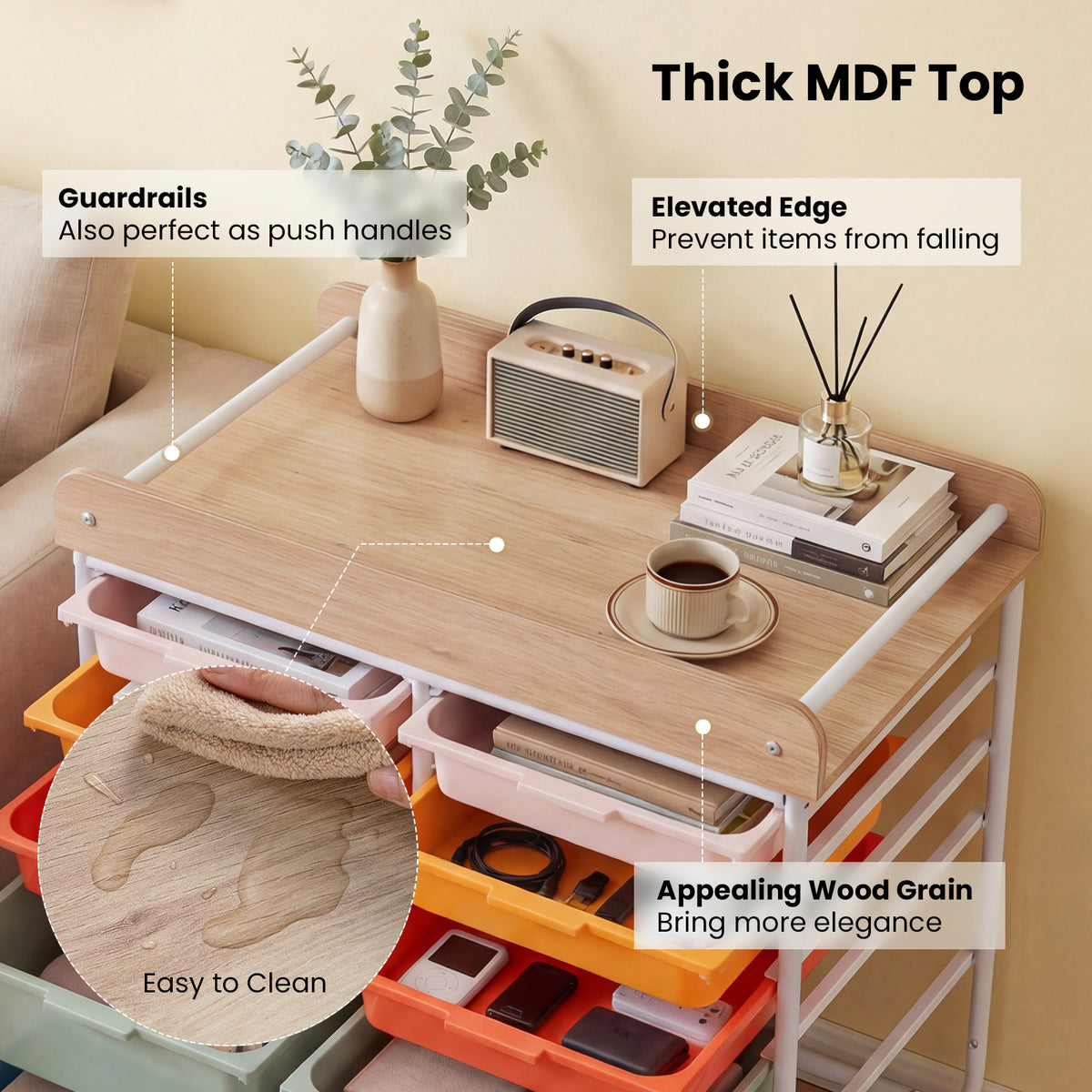 10-Drawer Rolling Cart with Wooden Tabletop and Lockable Wheels for