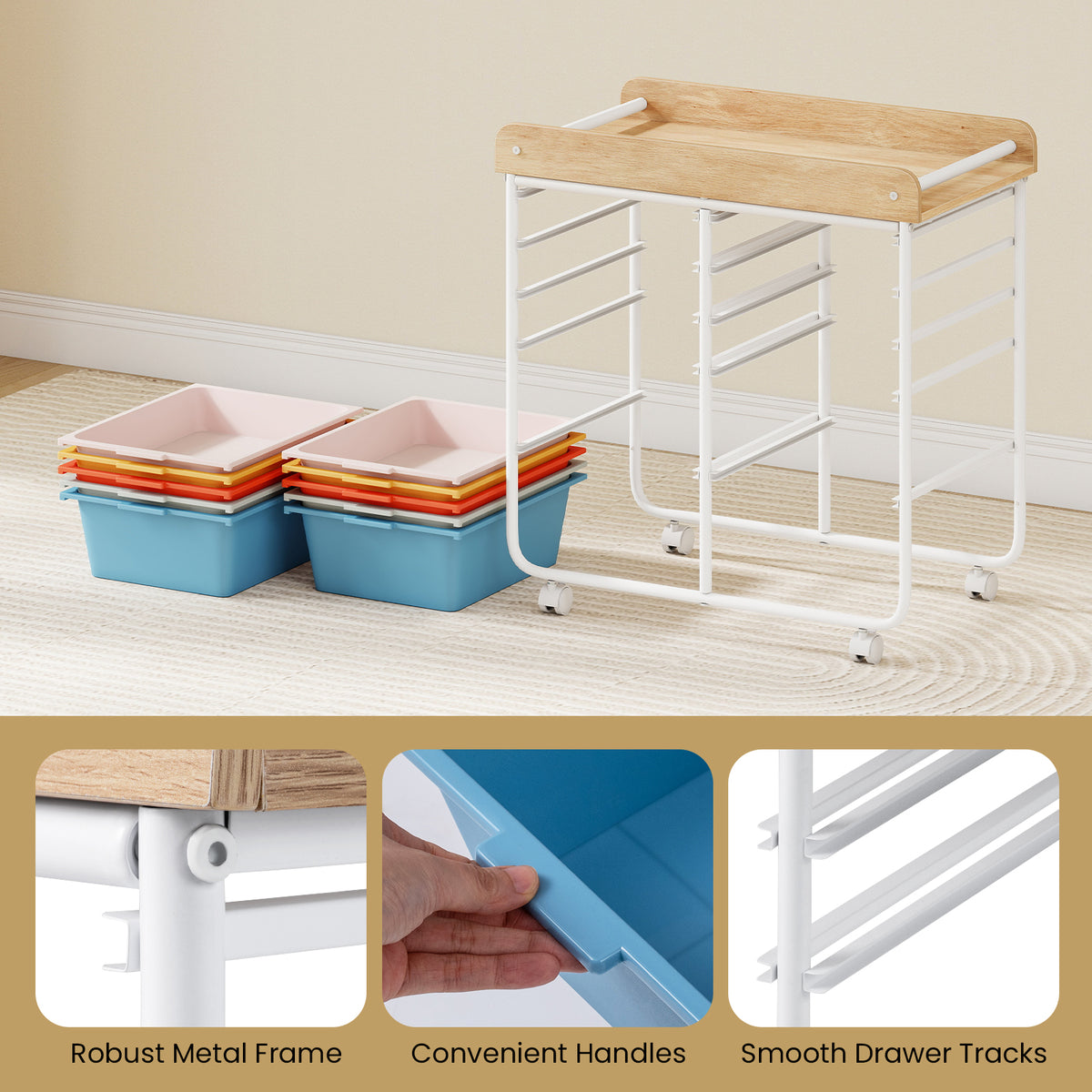 10-Drawer Rolling Cart with Wooden Tabletop and Lockable Wheels for