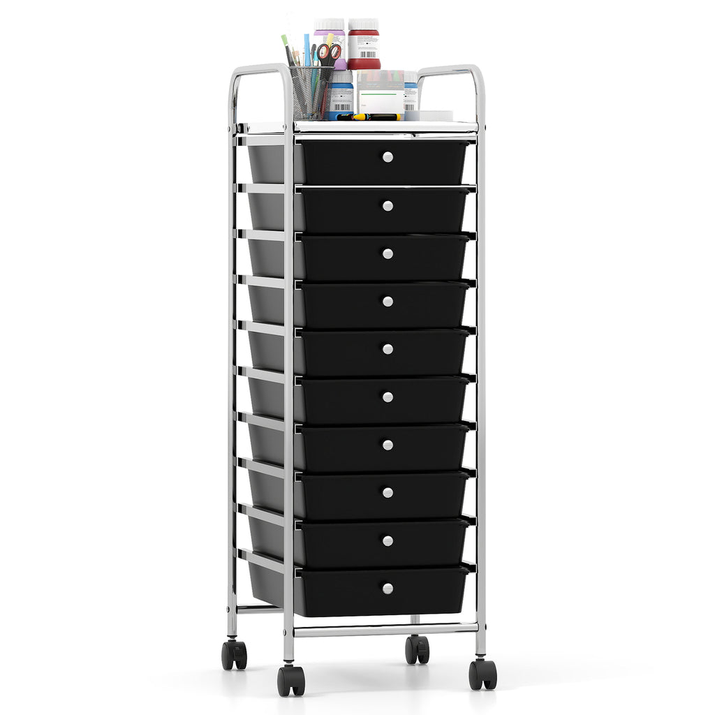 10-Drawer Rolling Storage Cart with Lockable Wheels - Black