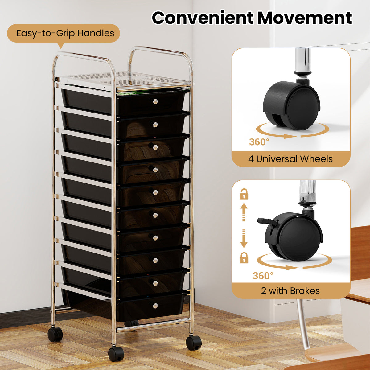10-Drawer Rolling Storage Cart with Lockable Wheels - Black