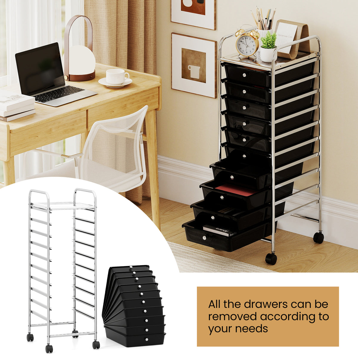 10-Drawer Rolling Storage Cart with Lockable Wheels - Black