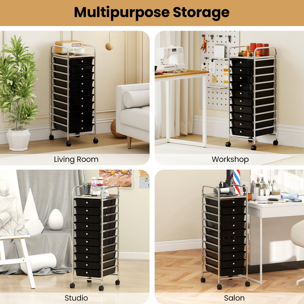 10-Drawer Rolling Storage Cart with Lockable Wheels - Black