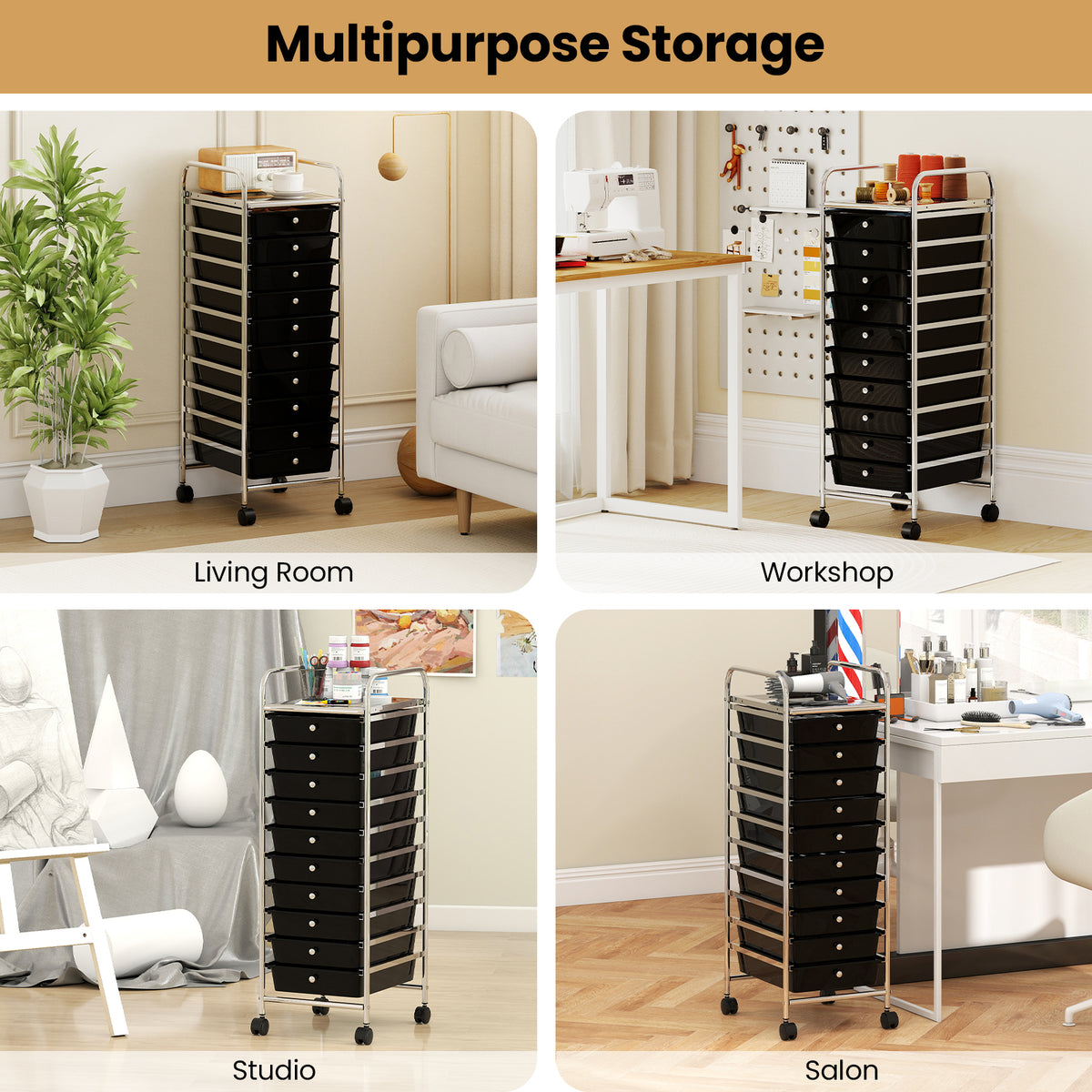 10-Drawer Rolling Storage Cart with Lockable Wheels - Black
