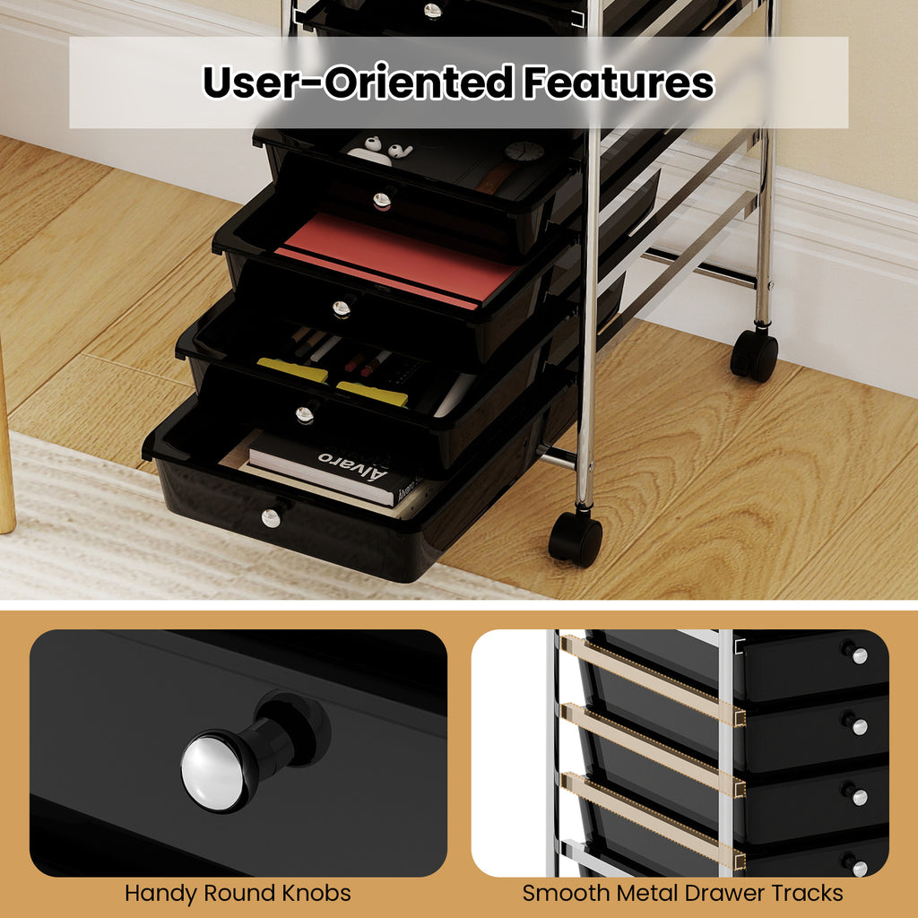 10-Drawer Rolling Storage Cart with Lockable Wheels - Black