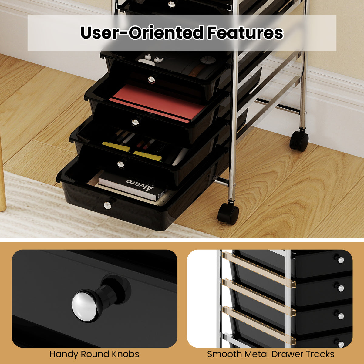 10-Drawer Rolling Storage Cart with Lockable Wheels - Black