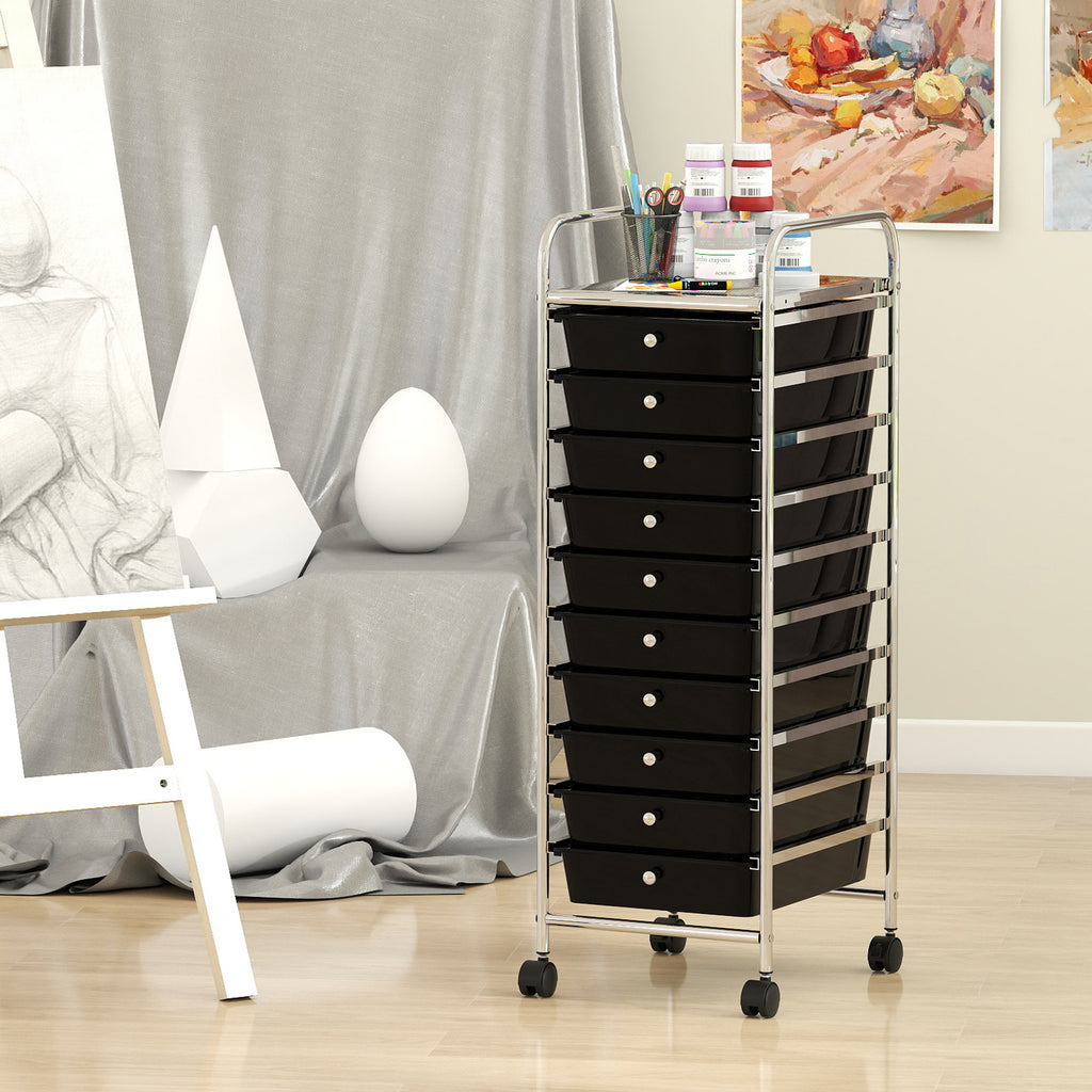10-Drawer Rolling Storage Cart with Lockable Wheels - Black