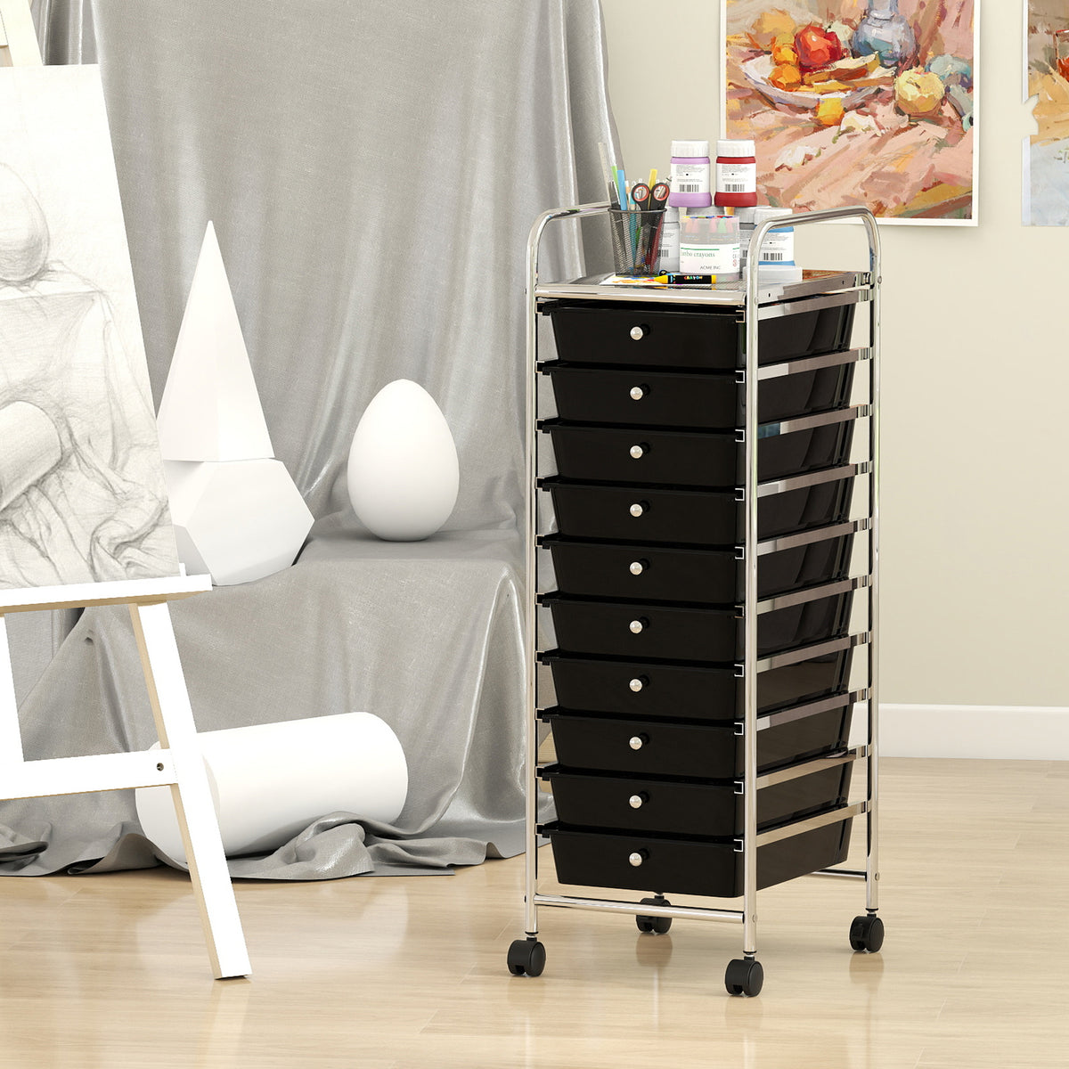 10-Drawer Rolling Storage Cart with Lockable Wheels - Black