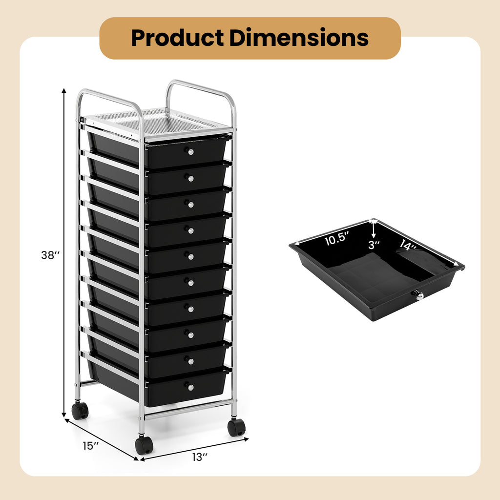 10-Drawer Rolling Storage Cart with Lockable Wheels - Black