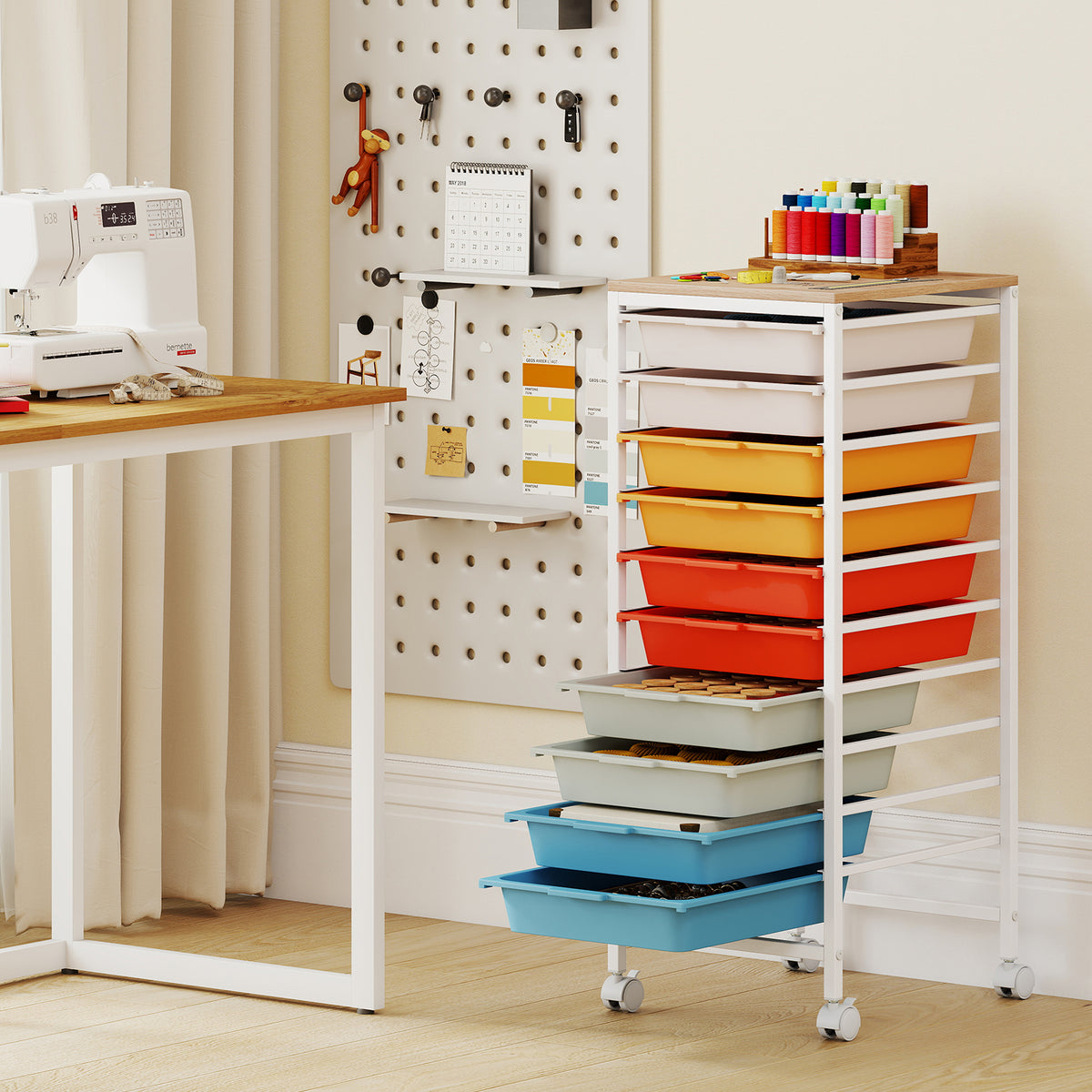 10-Drawer Rolling Storage Cart Mobile Utility Organizer with Wooden