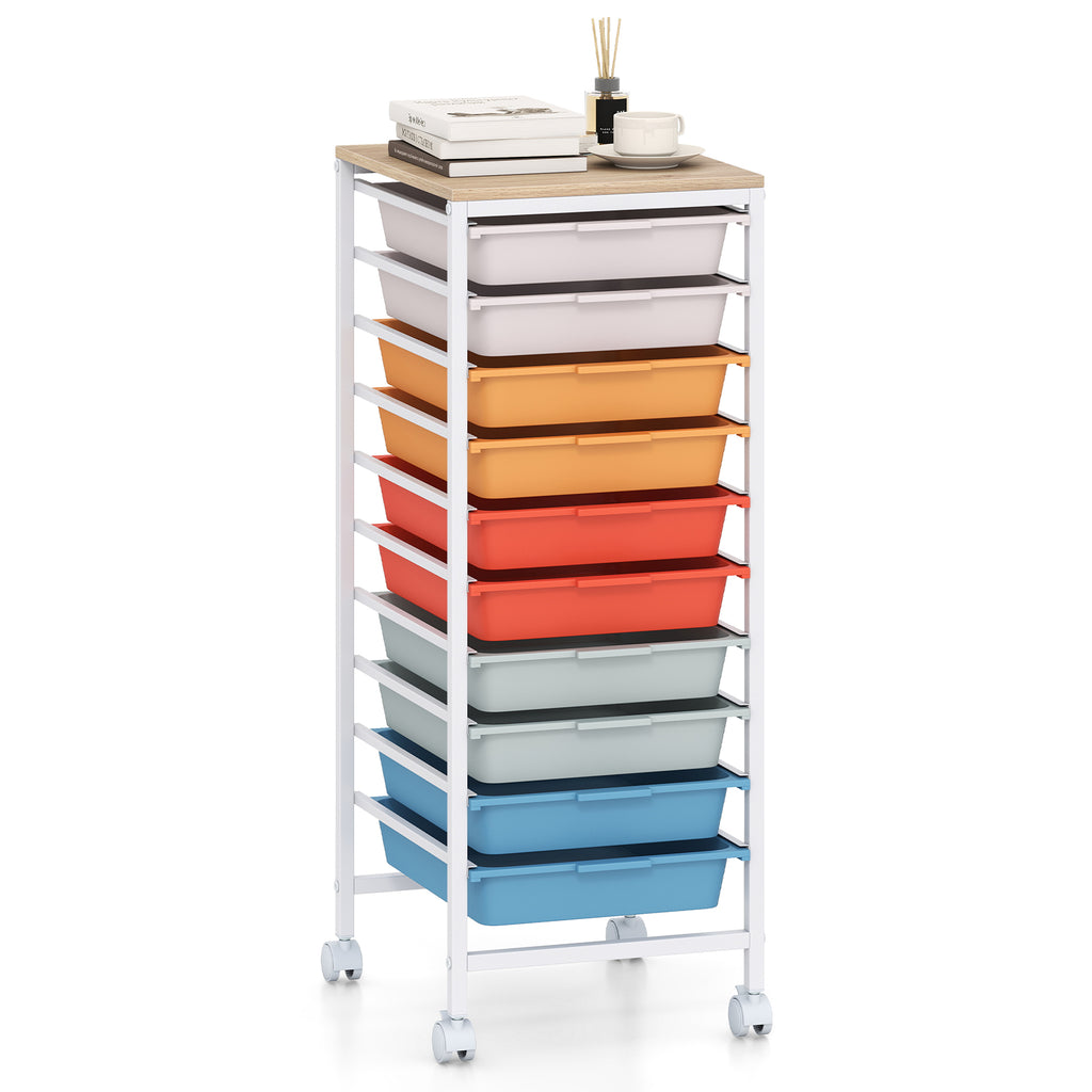 10-Drawer Rolling Storage Cart Mobile Utility Organizer with Wooden