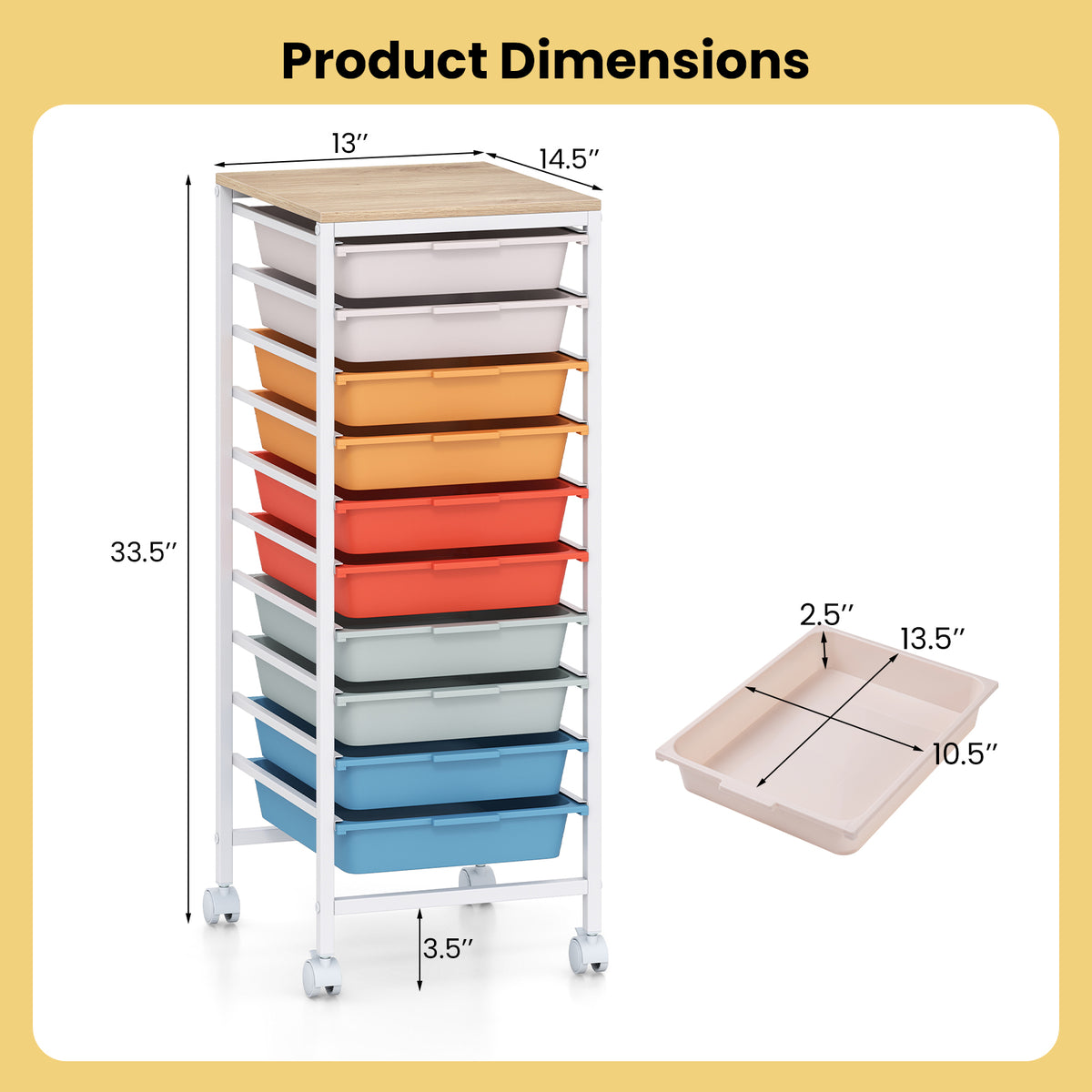 10-Drawer Rolling Storage Cart Mobile Utility Organizer with Wooden