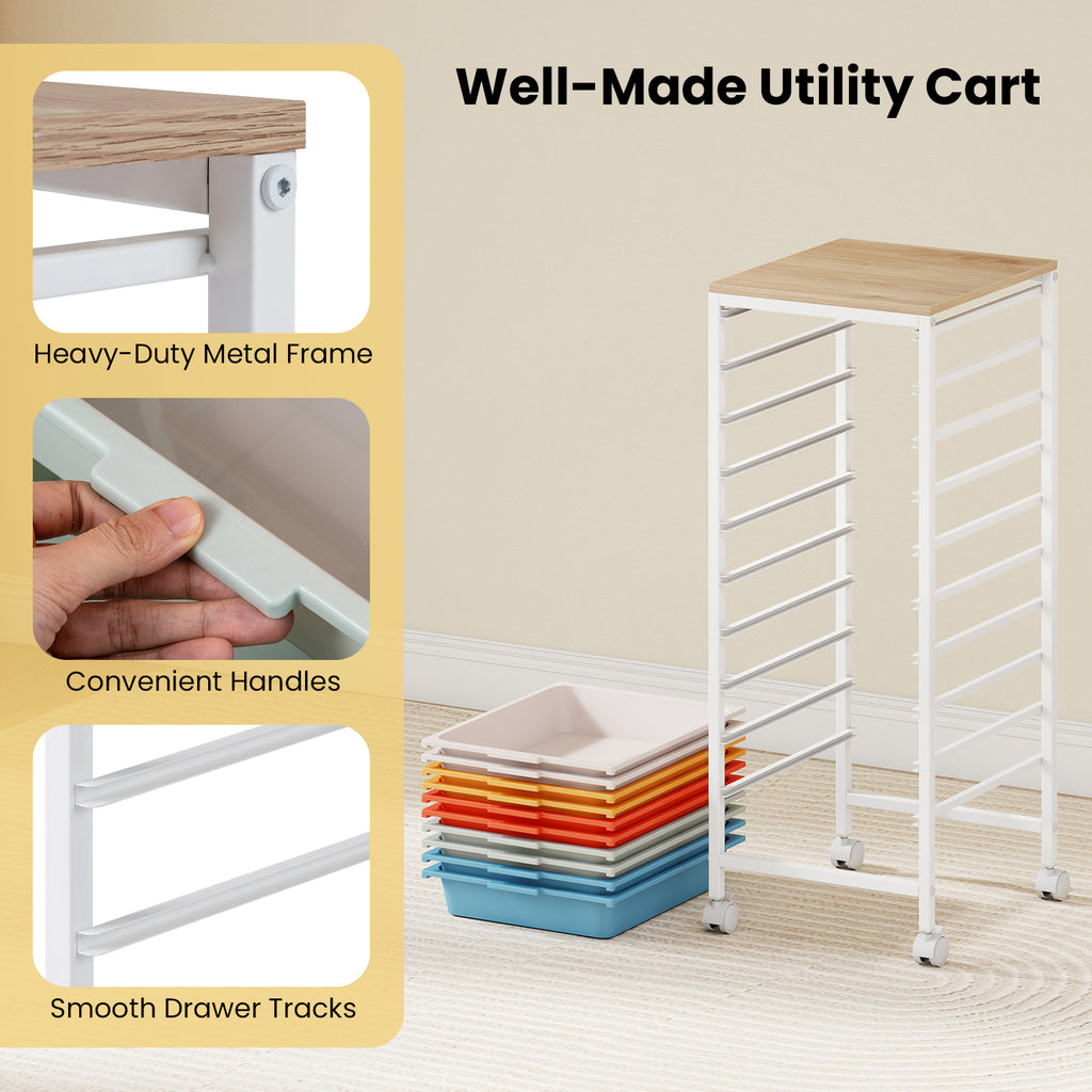 10-Drawer Rolling Storage Cart Mobile Utility Organizer with Wooden