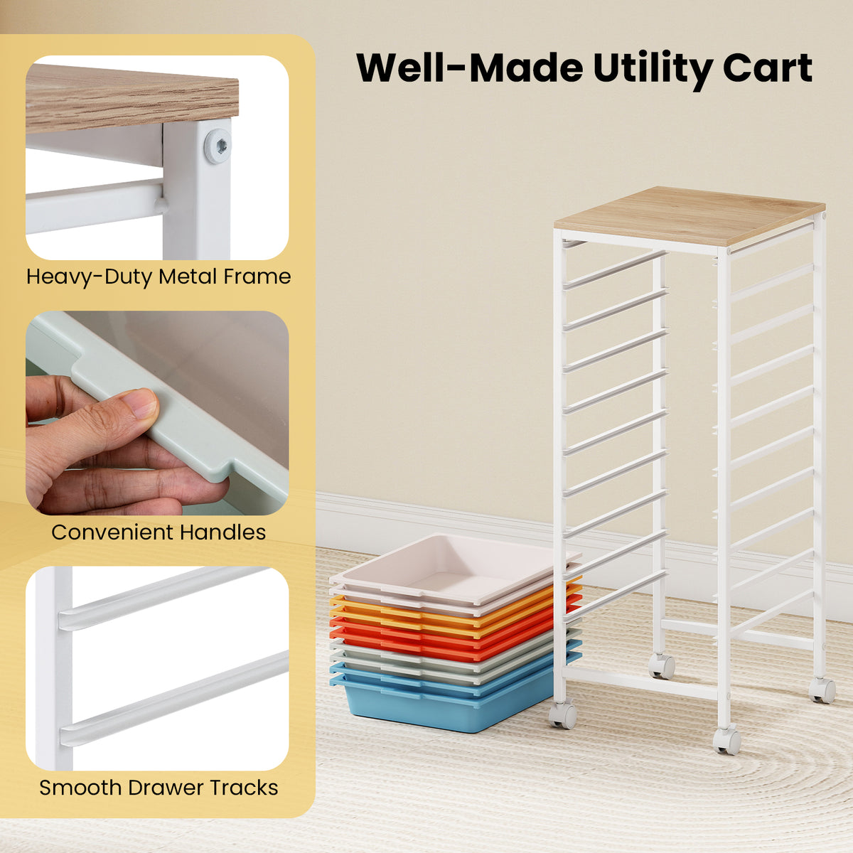 10-Drawer Rolling Storage Cart Mobile Utility Organizer with Wooden