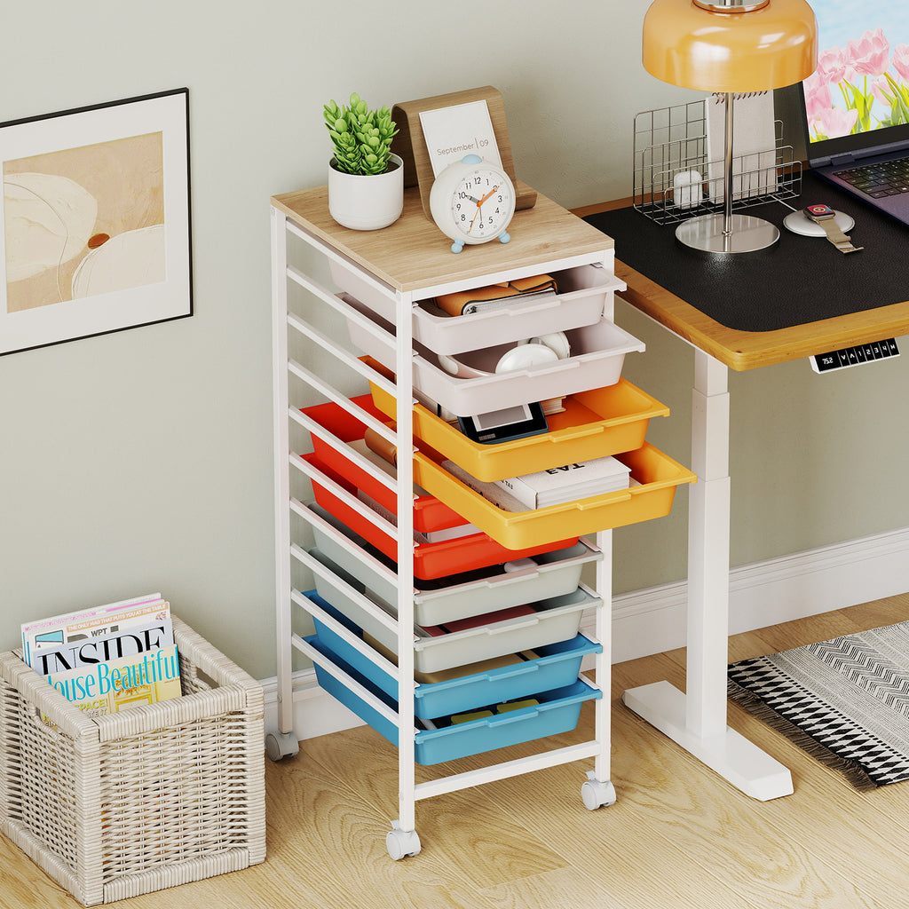 10-Drawer Rolling Storage Cart Mobile Utility Organizer with Wooden