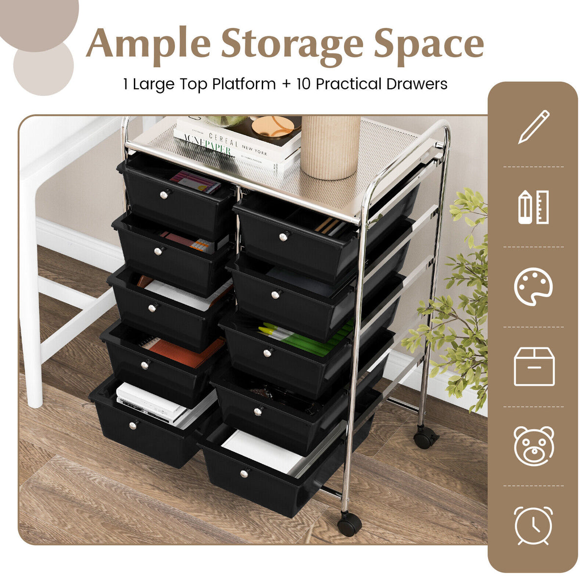10-Drawer Rolling Storage Cart - Black