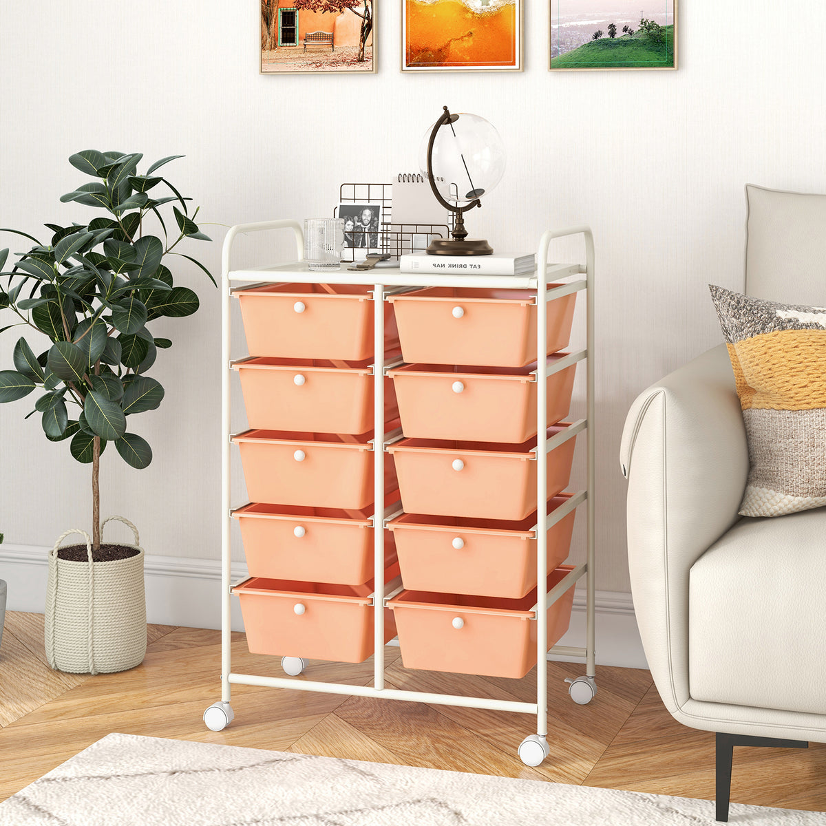 10-Drawer Rolling Storage Cart - Peach