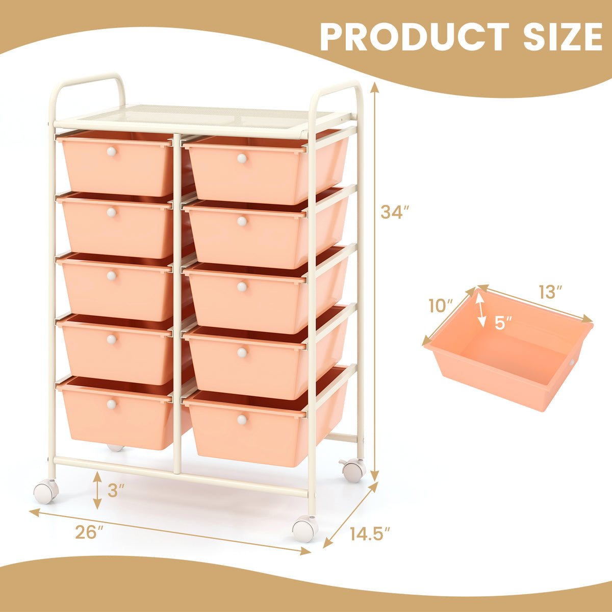 10-Drawer Rolling Storage Cart - Peach