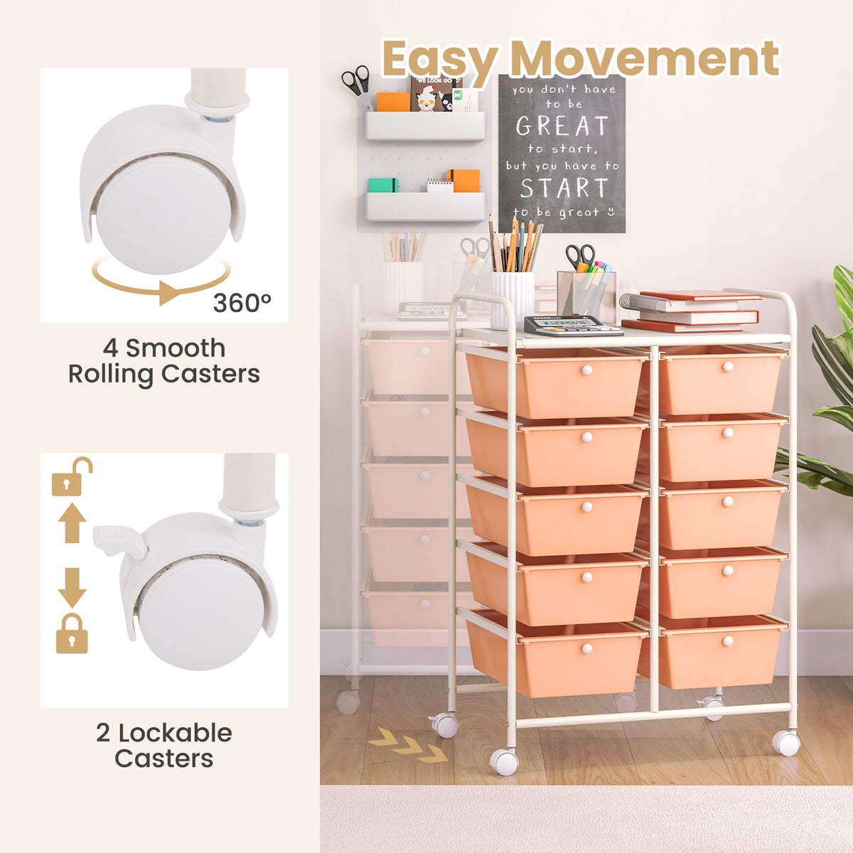 10-Drawer Rolling Storage Cart - Peach